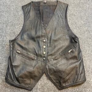 Vintage Black Nappa Leather Riding Motorcycle Western Vest Snap Zipper Pockets